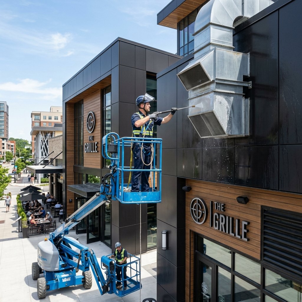 Professional worker cleaning restaurant exterior ventilation