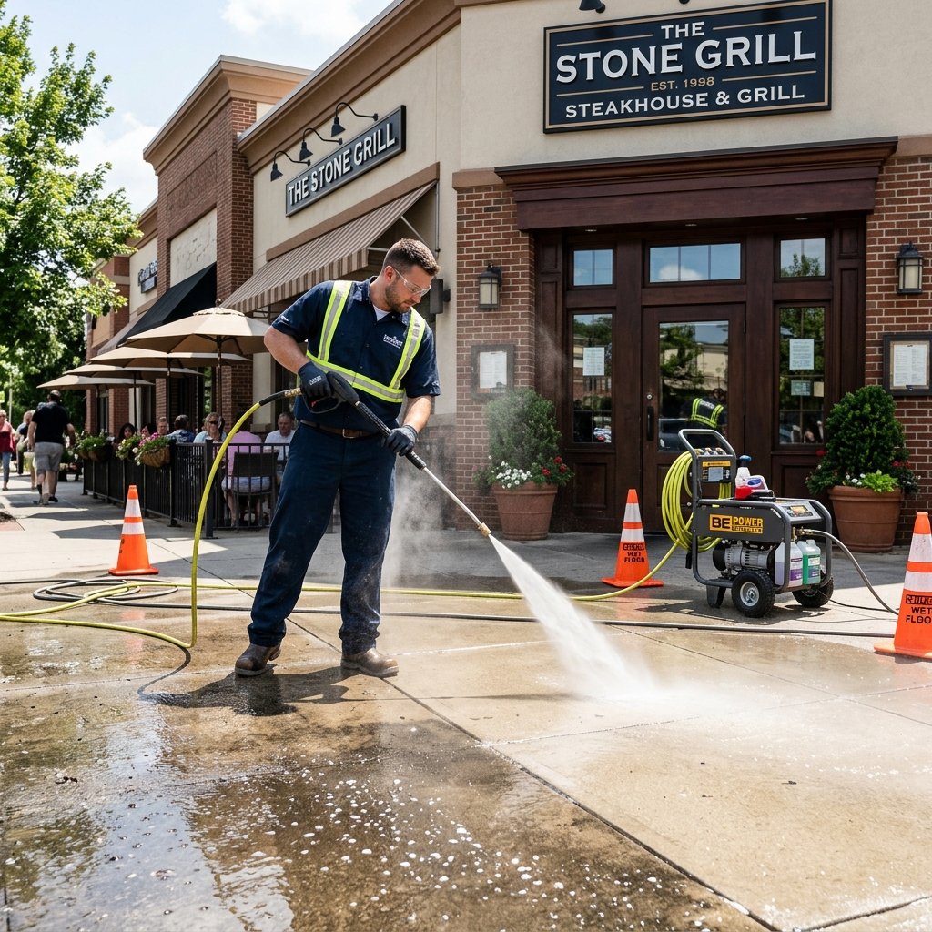 High pressure washing concrete path restaurant exterior